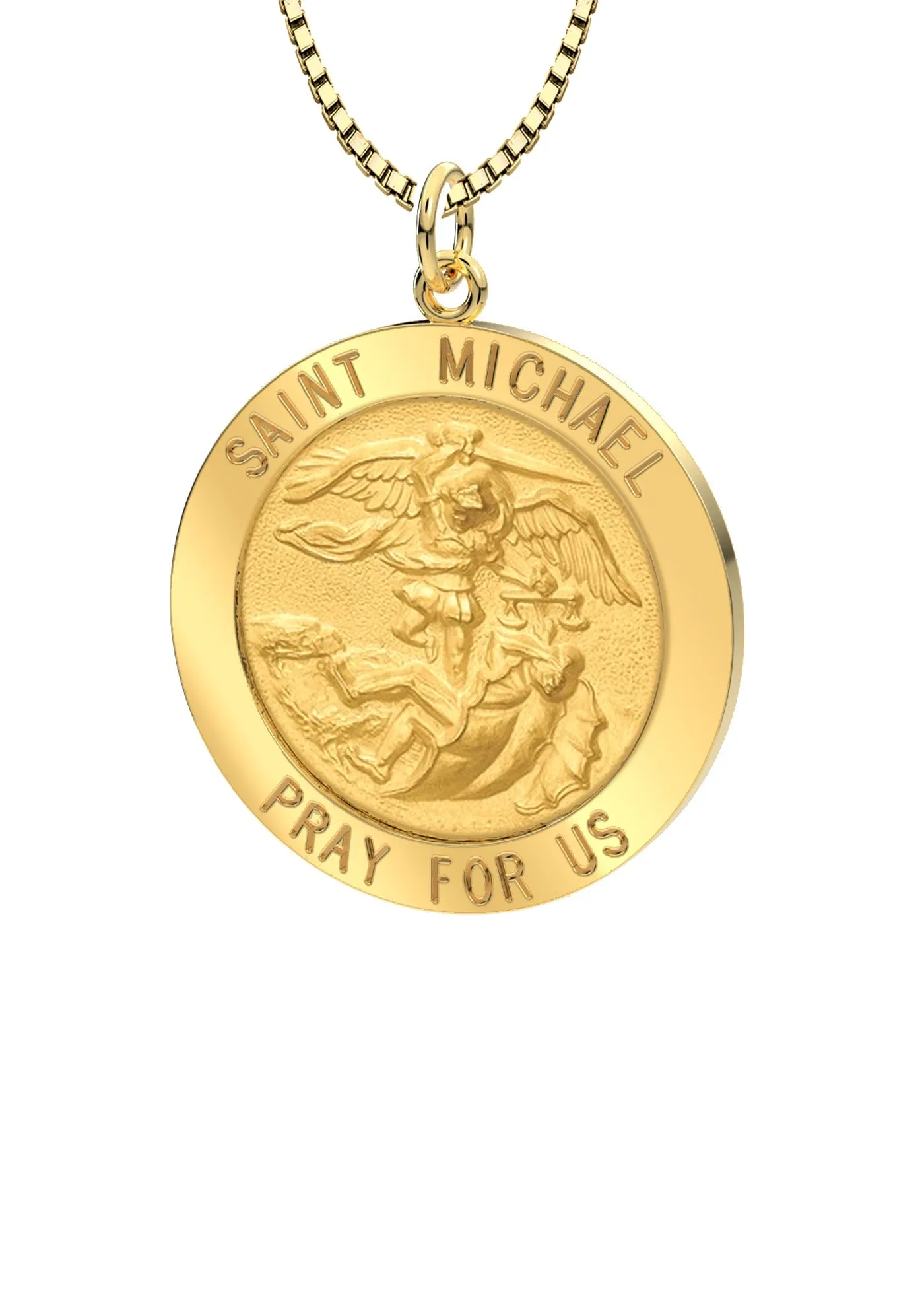 Ladies 3/4in 14k Yellow Gold Round St Saint Michael Solid Medal Pendant Necklace, 18mm