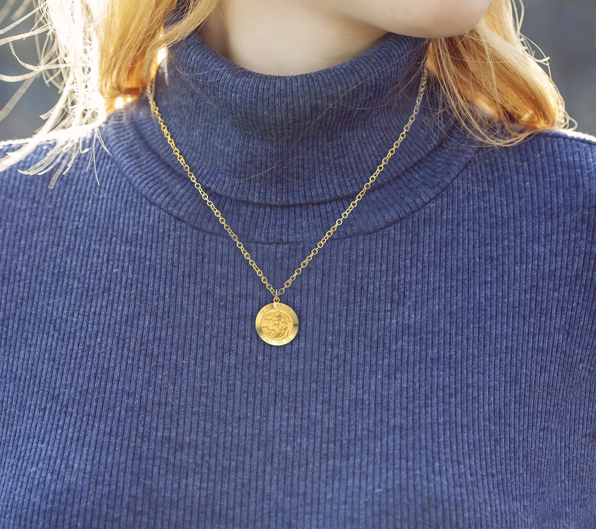 Ladies 3/4in 14k Yellow Gold Round St Saint Michael Solid Medal Pendant Necklace, 18mm