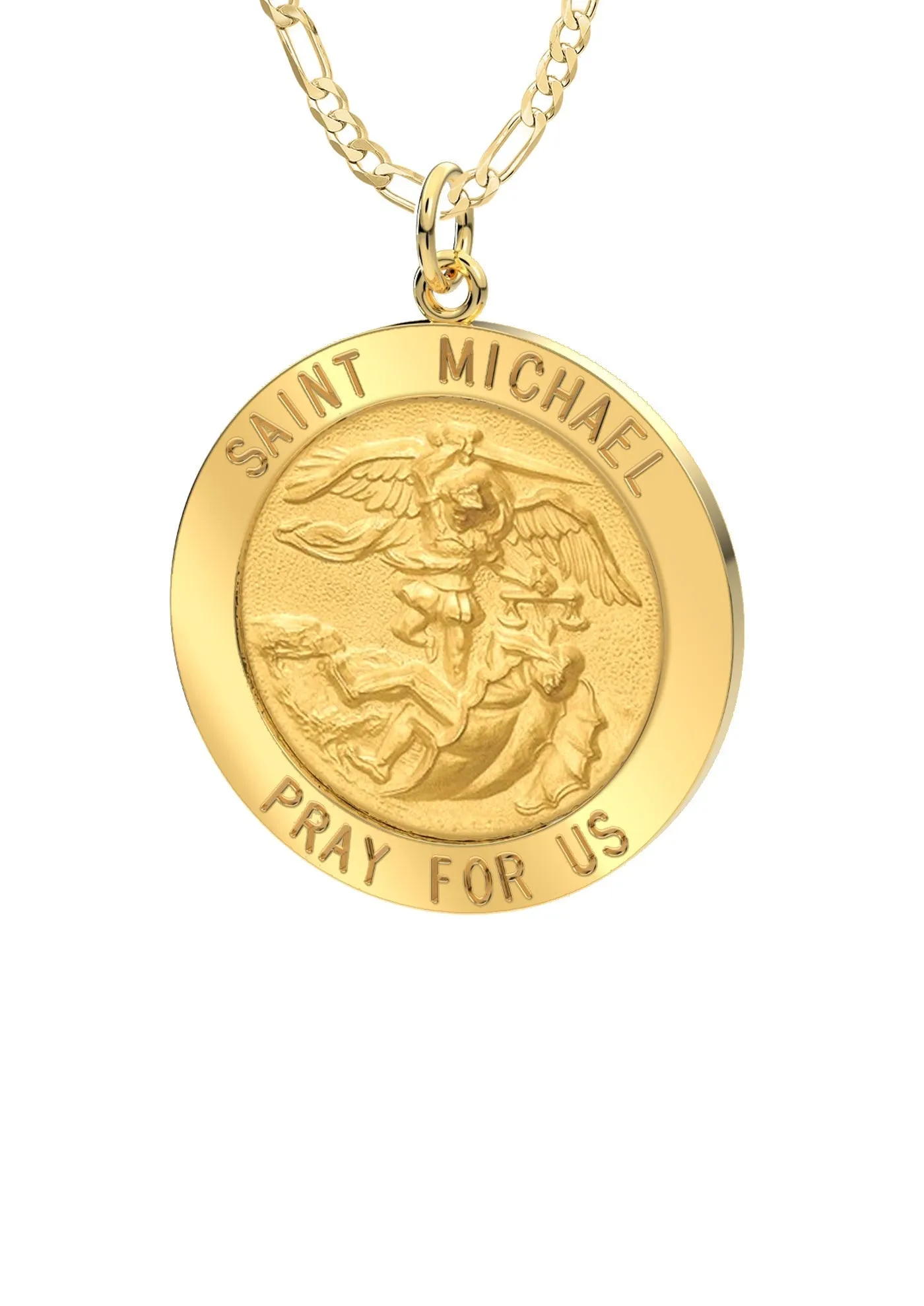 Ladies 3/4in 14k Yellow Gold Round St Saint Michael Solid Medal Pendant Necklace, 18mm