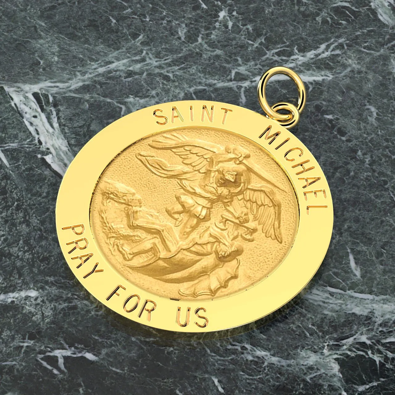 Ladies 3/4in 14k Yellow Gold Round St Saint Michael Solid Medal Pendant Necklace, 18mm