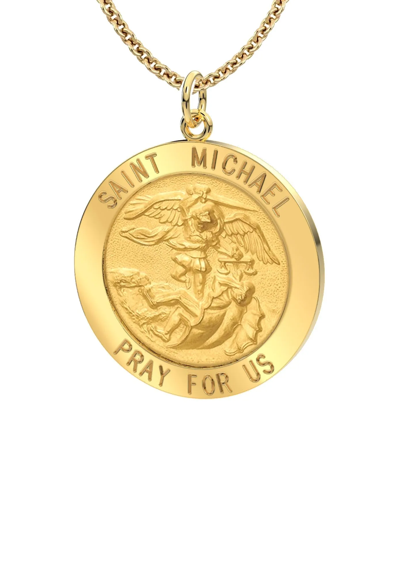 Ladies 3/4in 14k Yellow Gold Round St Saint Michael Solid Medal Pendant Necklace, 18mm