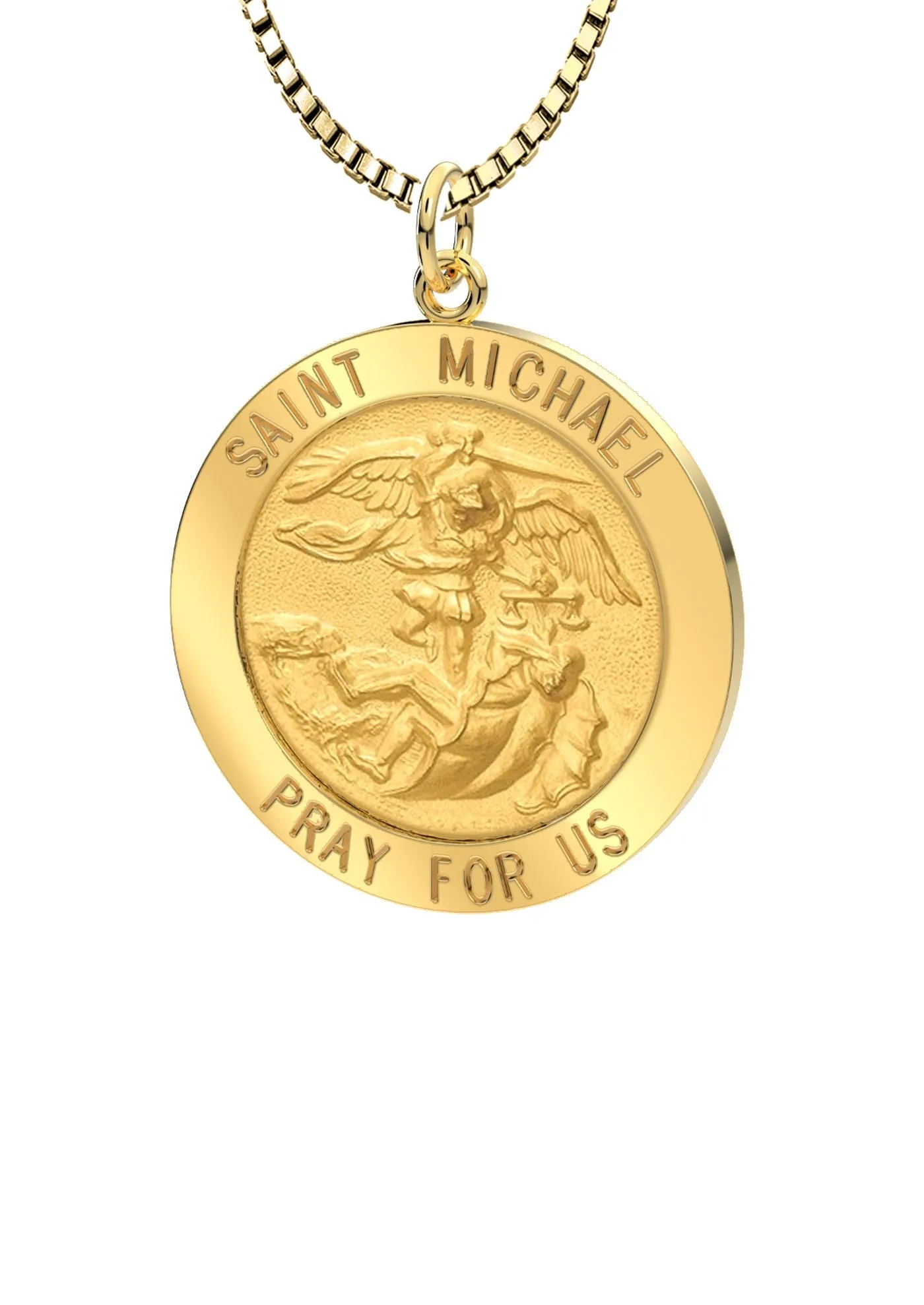 Ladies 3/4in 14k Yellow Gold Round St Saint Michael Solid Medal Pendant Necklace, 18mm