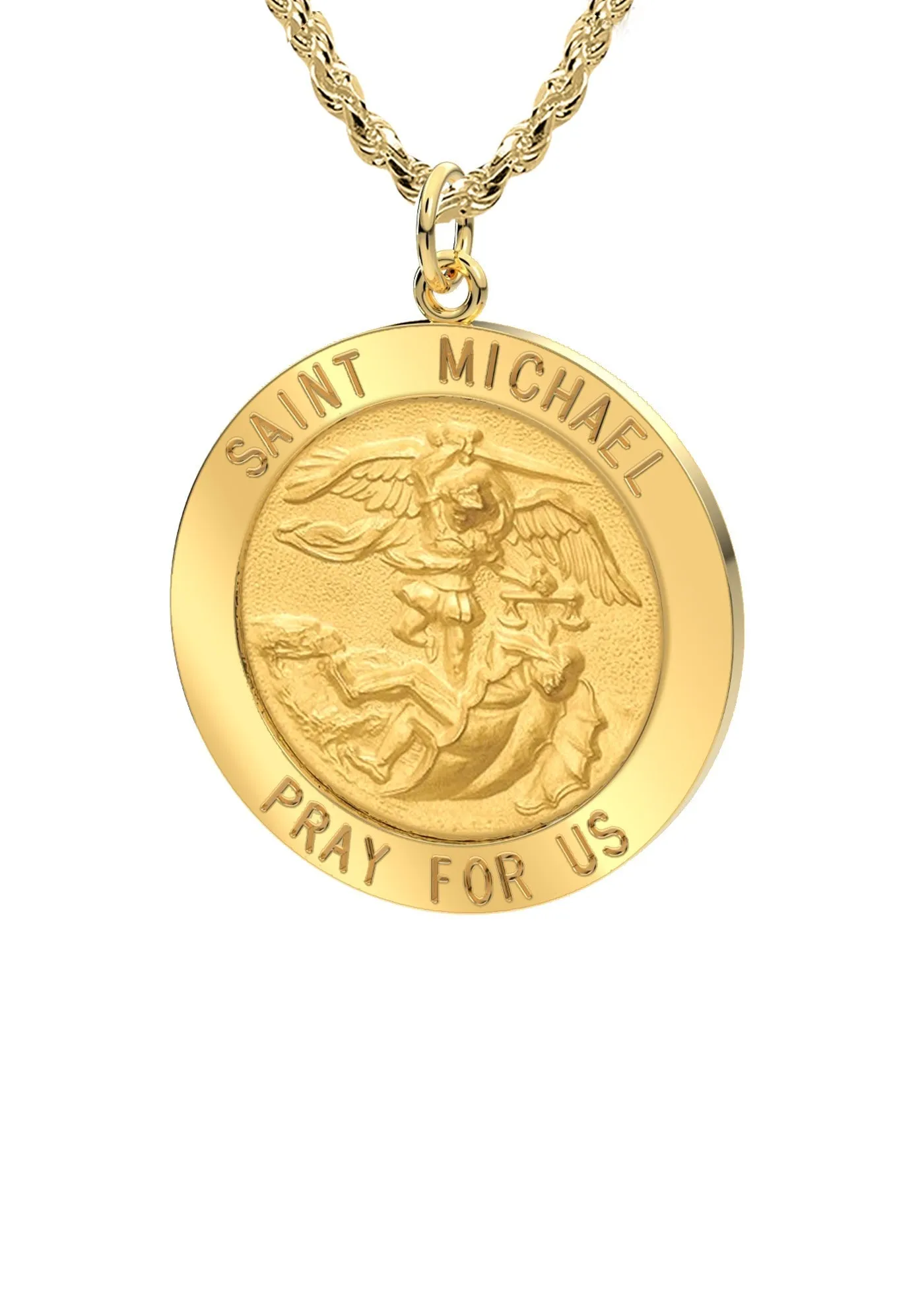Ladies 3/4in 14k Yellow Gold Round St Saint Michael Solid Medal Pendant Necklace, 18mm