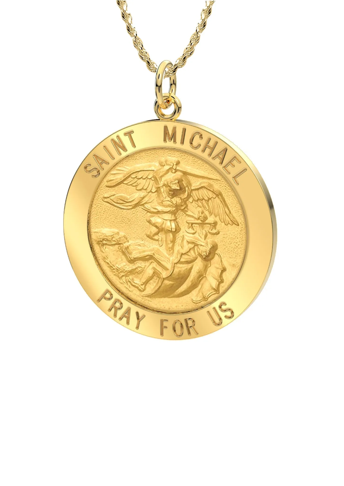 Ladies 3/4in 14k Yellow Gold Round St Saint Michael Solid Medal Pendant Necklace, 18mm