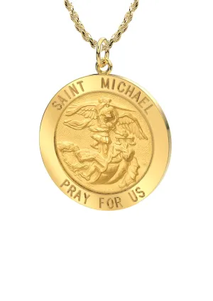 Ladies 3/4in 14k Yellow Gold Round St Saint Michael Solid Medal Pendant Necklace, 18mm