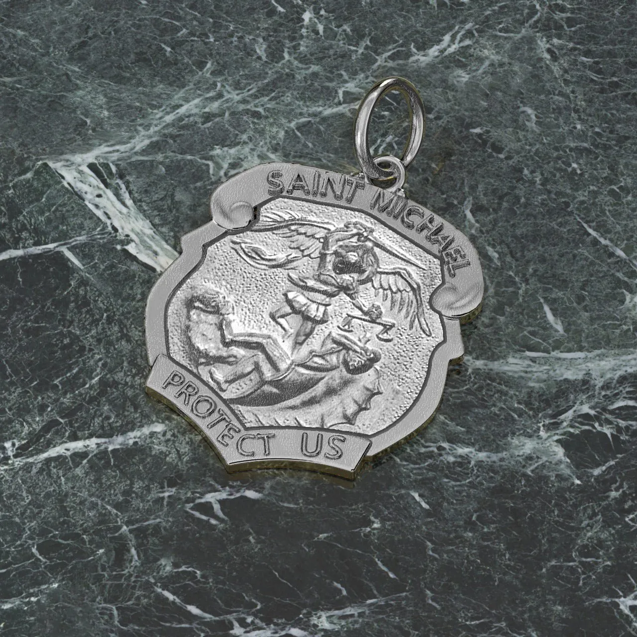 Ladies 925 Sterling Silver Saint Michael Antique Finish Shield Badge Pendant Necklace, 28mm