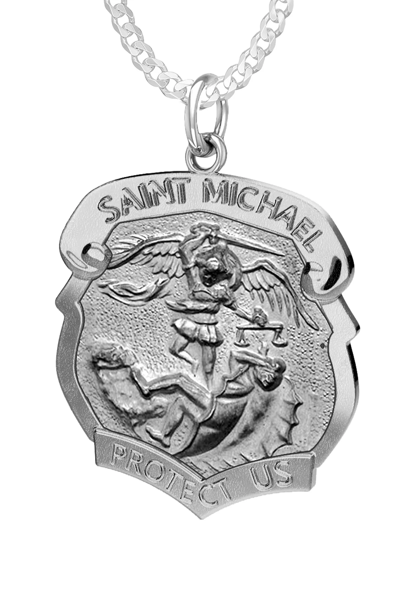 Ladies 925 Sterling Silver Saint Michael Antique Finish Shield Badge Pendant Necklace, 28mm