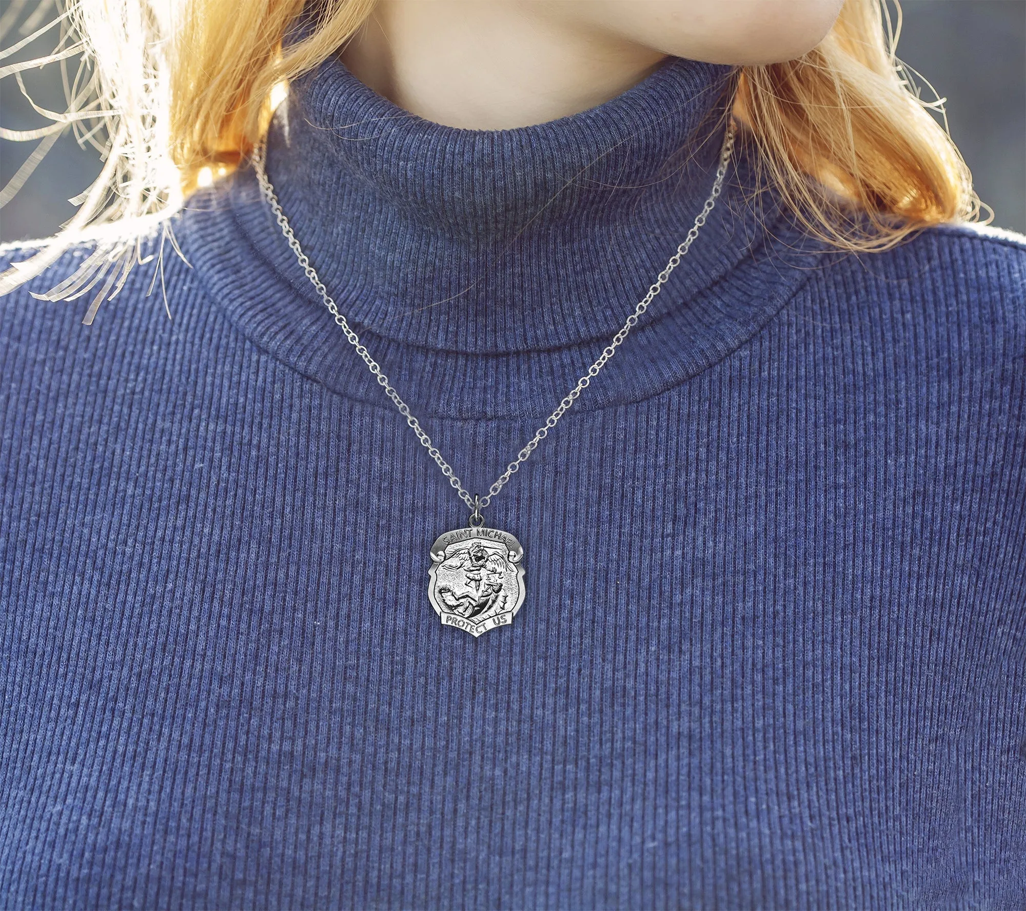 Ladies 925 Sterling Silver Saint Michael Antique Finish Shield Badge Pendant Necklace, 28mm