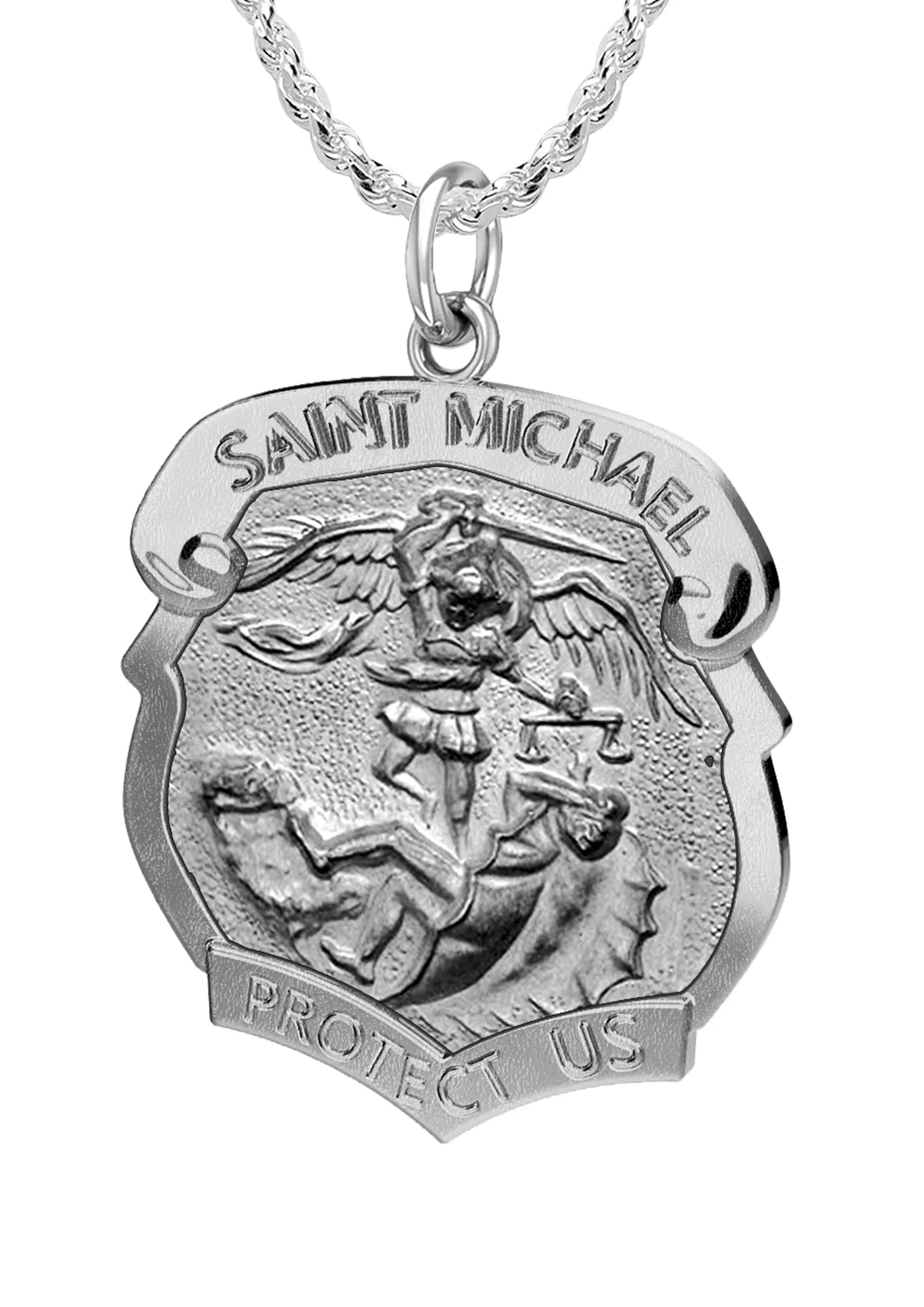 Ladies 925 Sterling Silver Saint Michael Antique Finish Shield Badge Pendant Necklace, 28mm