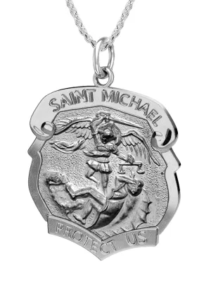 Ladies 925 Sterling Silver Saint Michael Antique Finish Shield Badge Pendant Necklace, 28mm