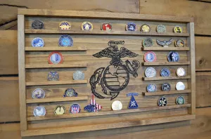Large USMC Challenge Coin Display Rack Holder - Marines Rustic American Flag - US Marine Corps Coin Display