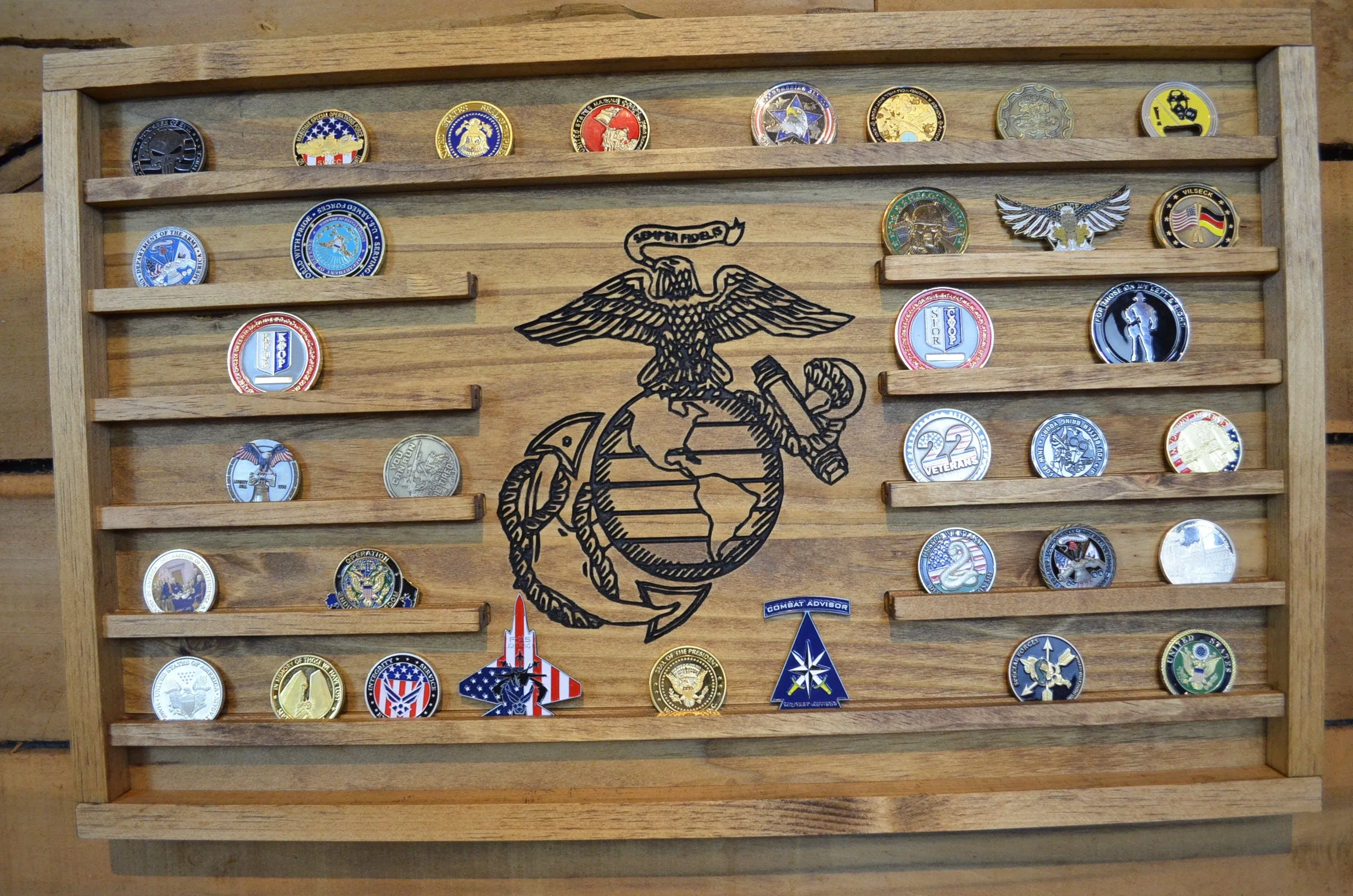 Large USMC Challenge Coin Display Rack Holder - Marines Rustic American Flag - US Marine Corps Coin Display