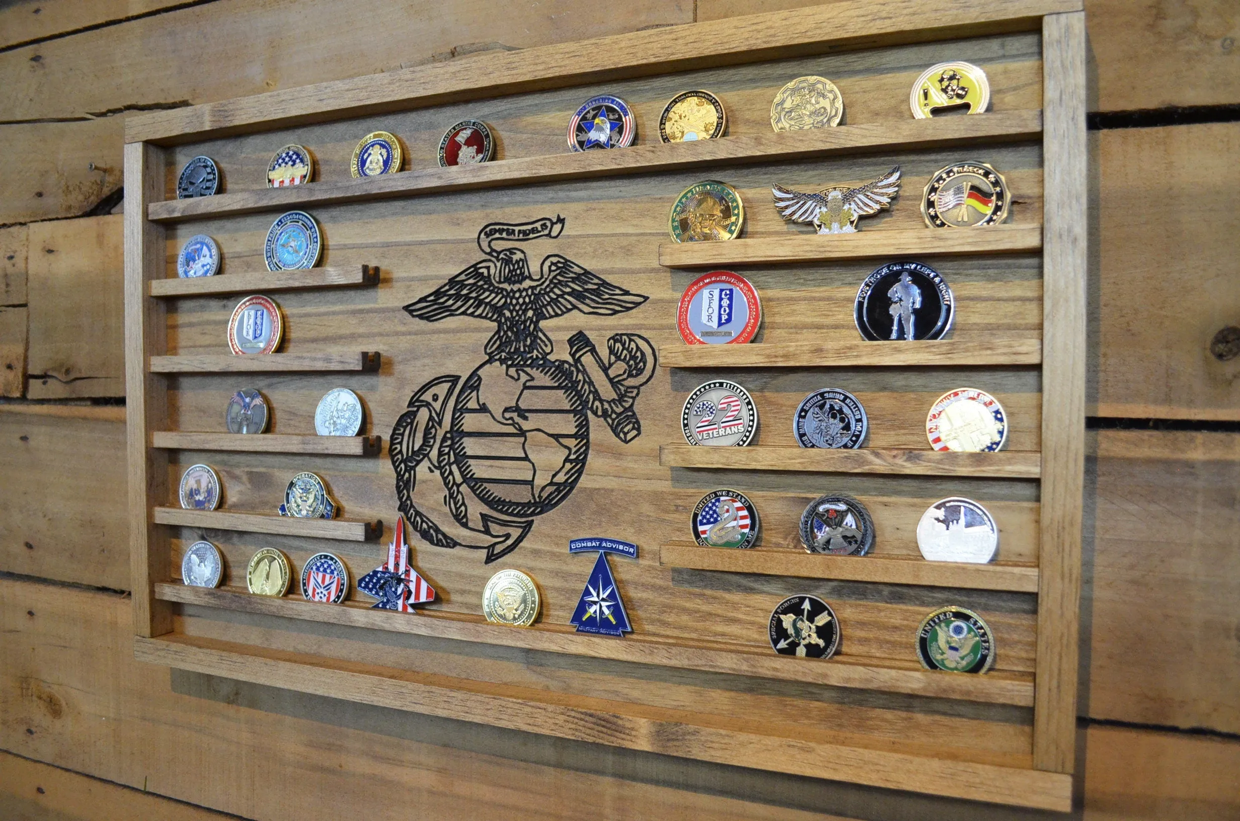 Large USMC Challenge Coin Display Rack Holder - Marines Rustic American Flag - US Marine Corps Coin Display