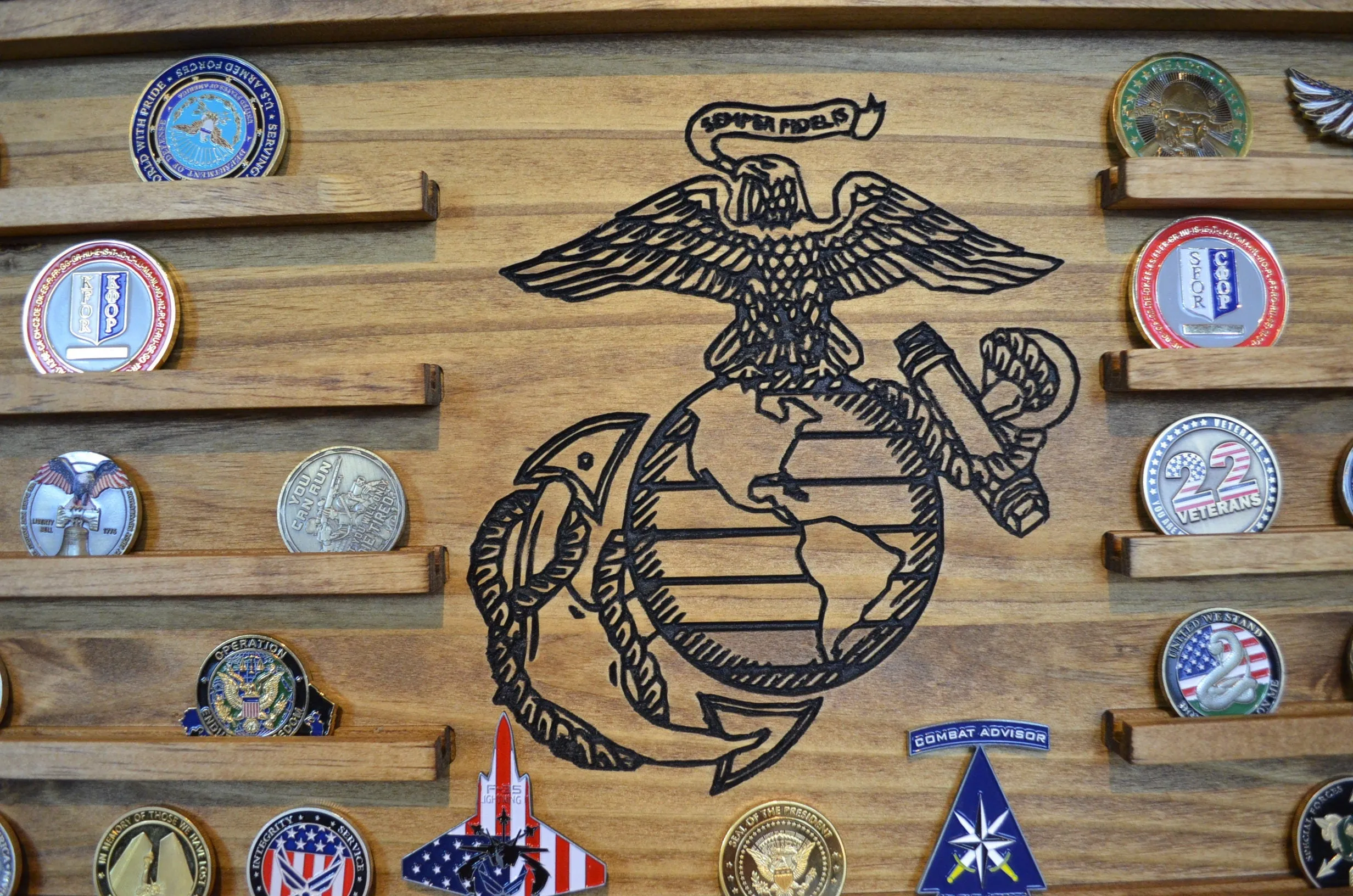 Large USMC Challenge Coin Display Rack Holder - Marines Rustic American Flag - US Marine Corps Coin Display