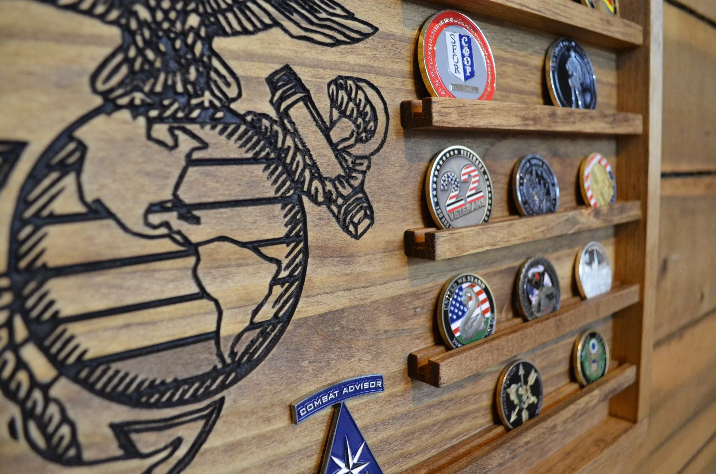 Large USMC Challenge Coin Display Rack Holder - Marines Rustic American Flag - US Marine Corps Coin Display