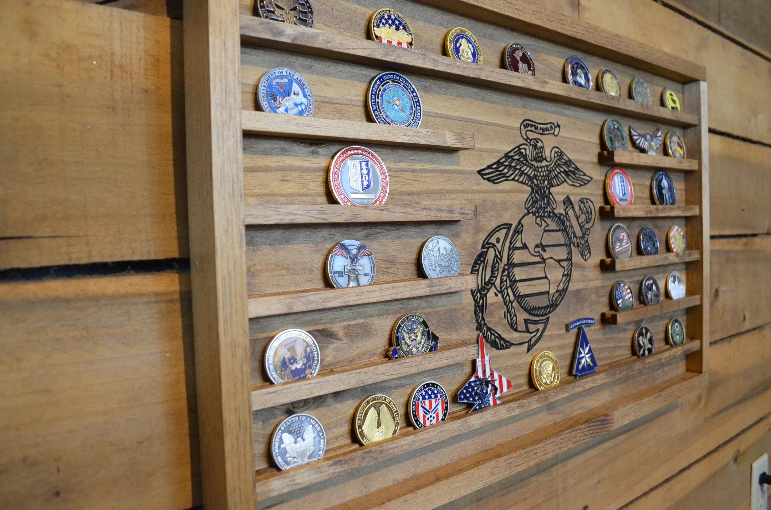 Large USMC Challenge Coin Display Rack Holder - Marines Rustic American Flag - US Marine Corps Coin Display