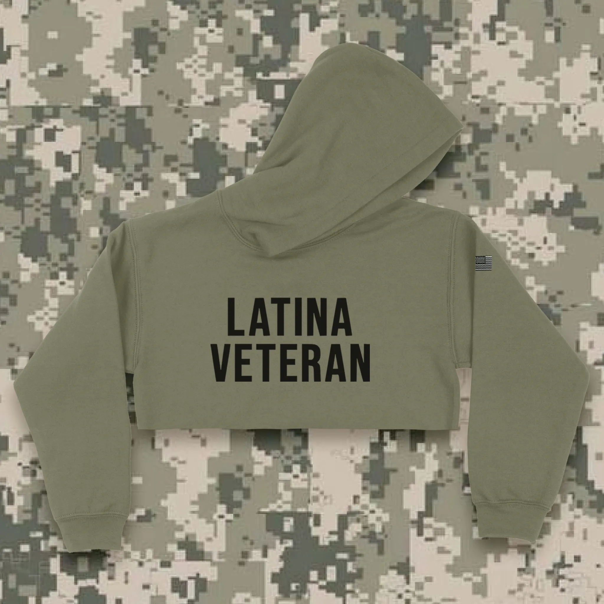'Latina Veteran' Crop Top Hoodie w/Embroidered Mini USA Sleeve Patch - Military Green - Premium Brushed Fleece