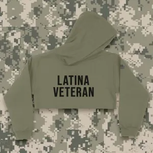 'Latina Veteran' Crop Top Hoodie w/Embroidered Mini USA Sleeve Patch - Military Green - Premium Brushed Fleece