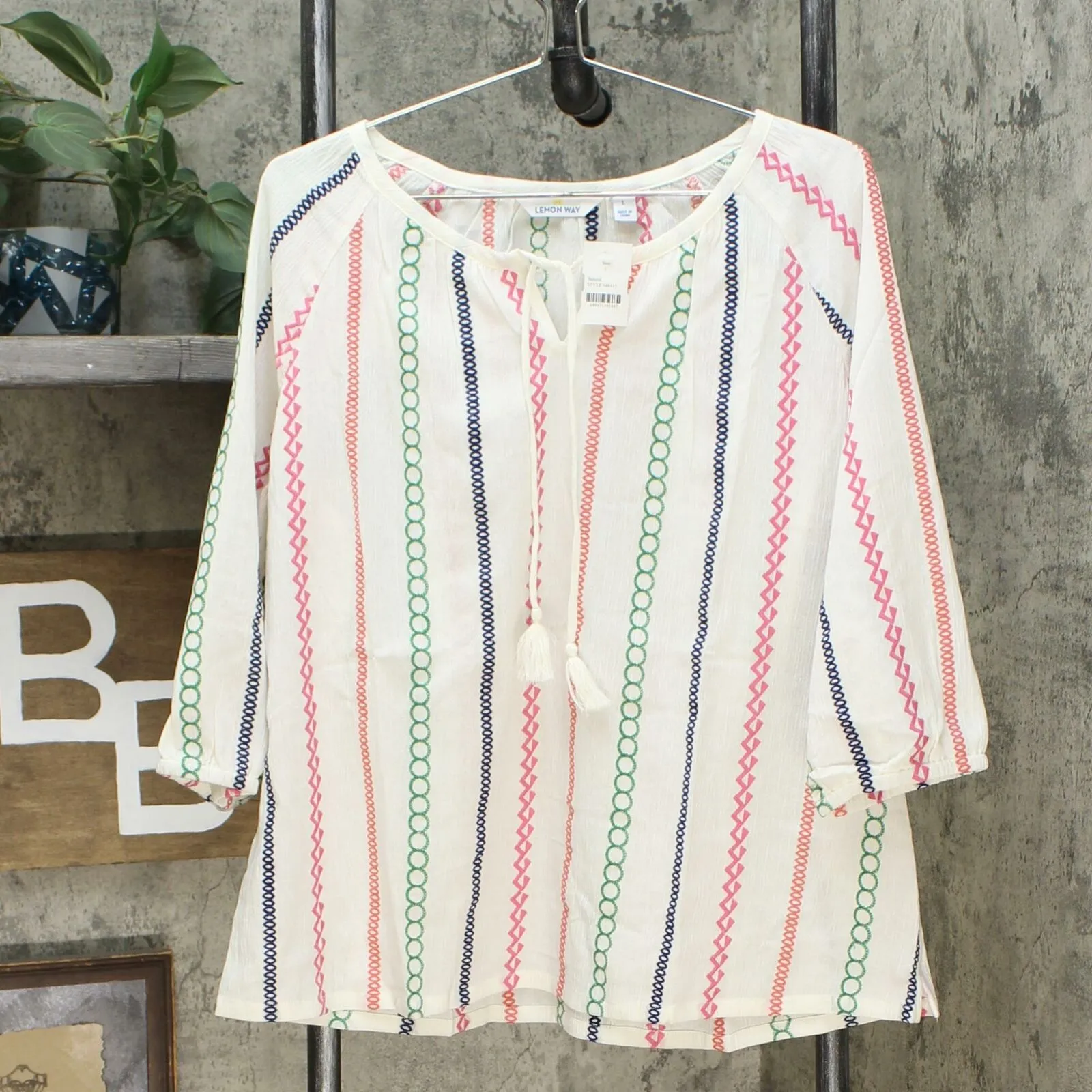 Lemon Way Women's Tie Tassel Front Embroidered Peasant Blouse