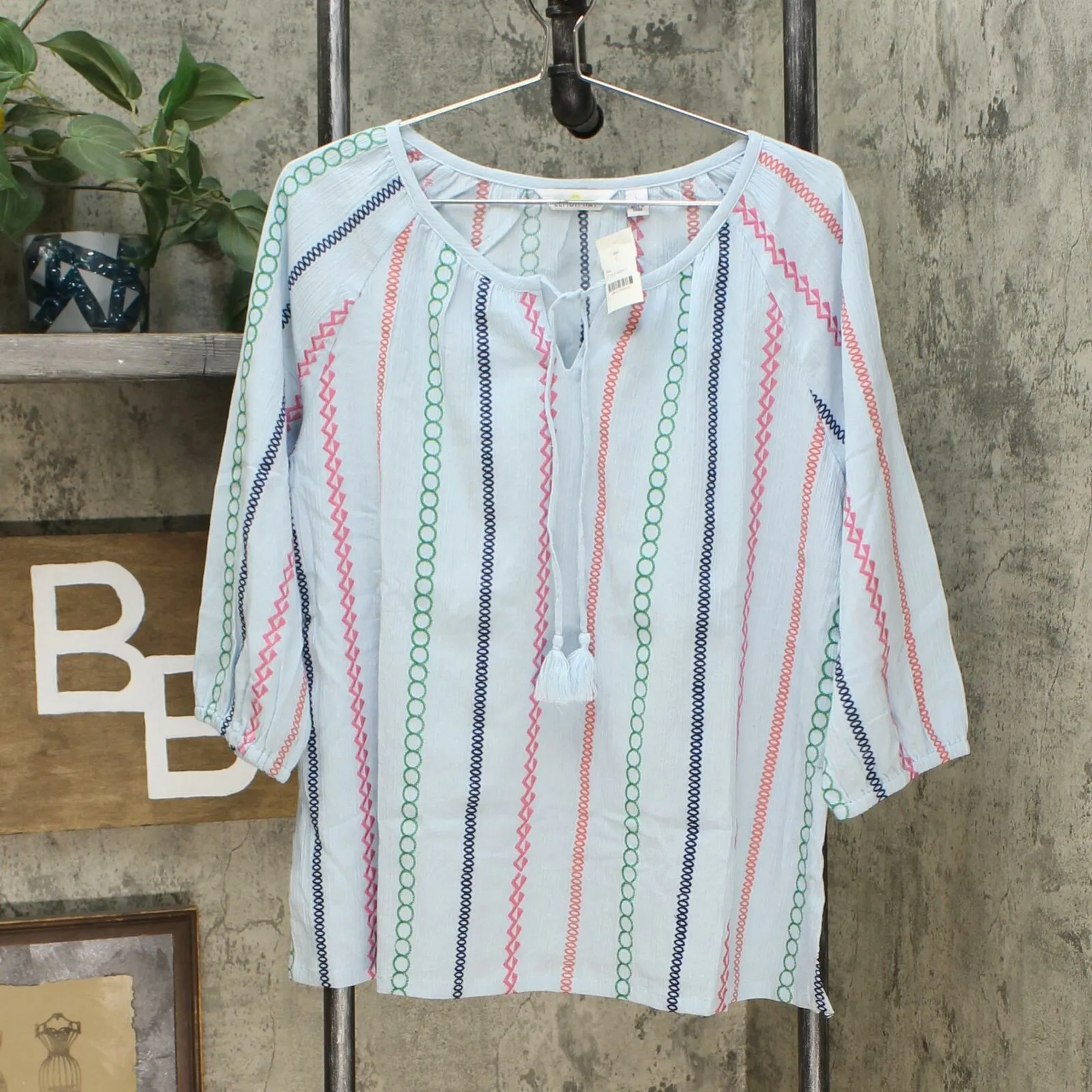 Lemon Way Women's Tie Tassel Front Embroidered Peasant Blouse