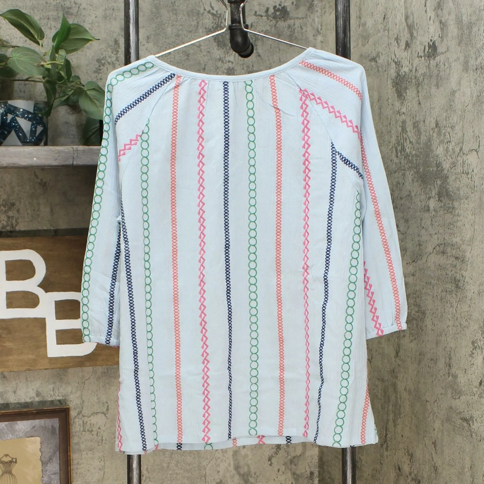 Lemon Way Women's Tie Tassel Front Embroidered Peasant Blouse