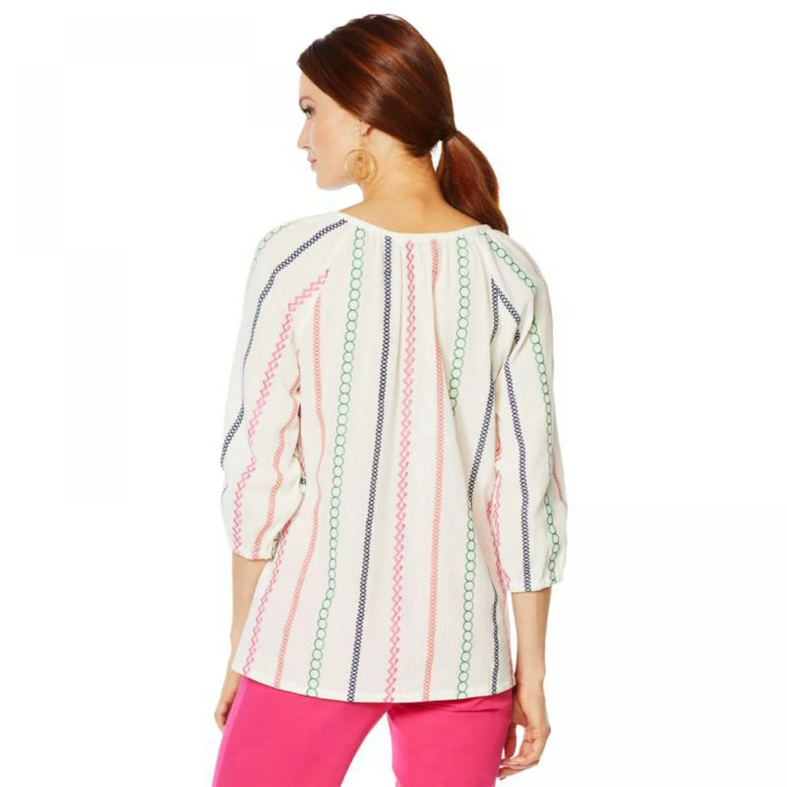 Lemon Way Women's Tie Tassel Front Embroidered Peasant Blouse