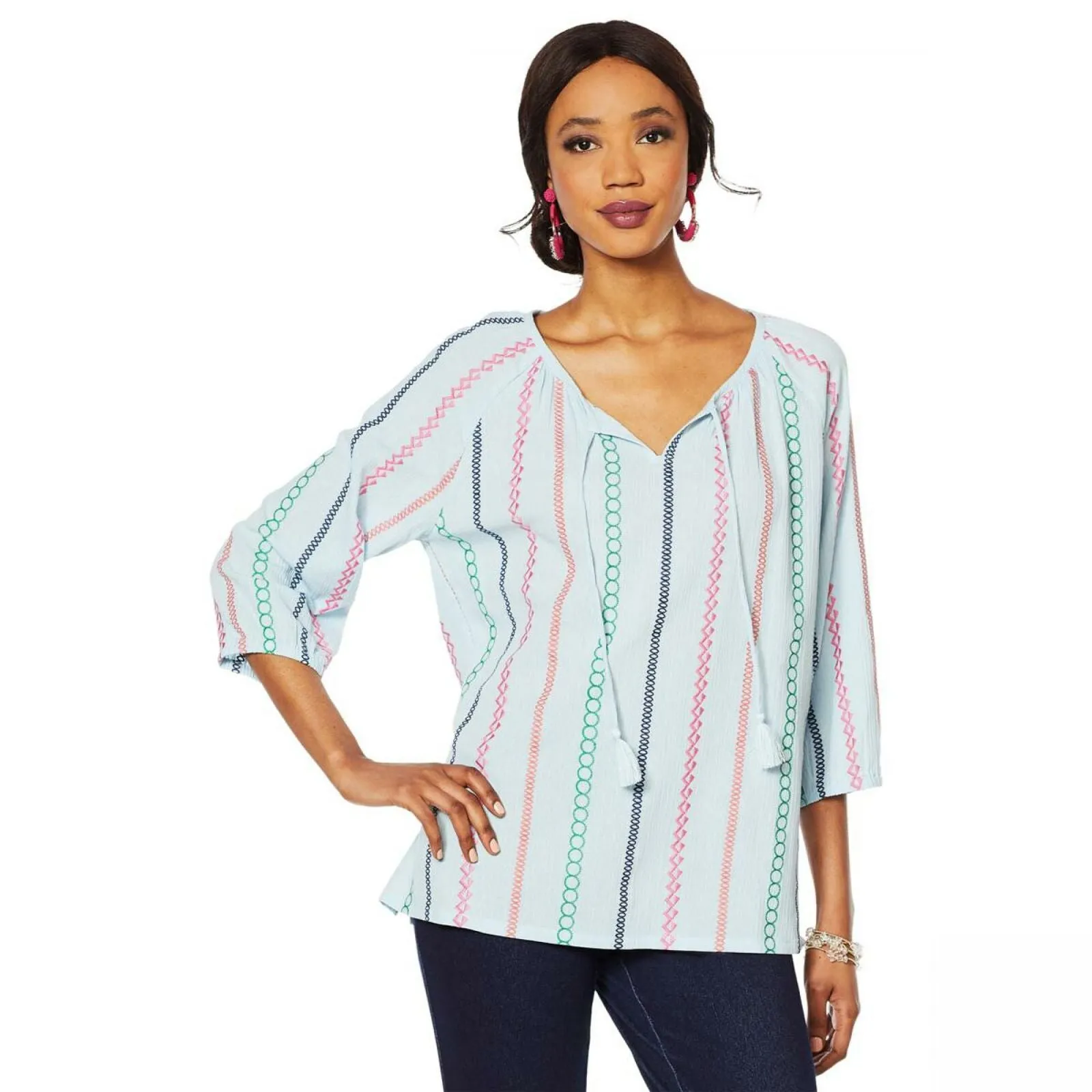 Lemon Way Women's Tie Tassel Front Embroidered Peasant Blouse