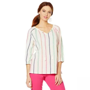 Lemon Way Women's Tie Tassel Front Embroidered Peasant Blouse