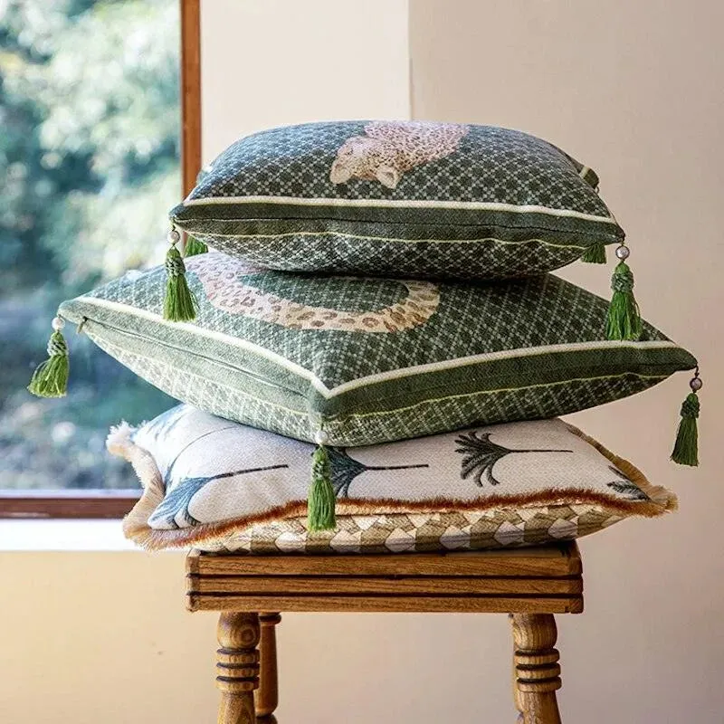 Leopard in the Jungle Pillow Cover with Golden Tassels