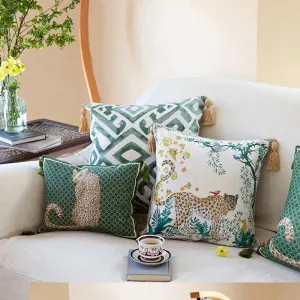 Leopard in the Jungle Pillow Cover with Golden Tassels