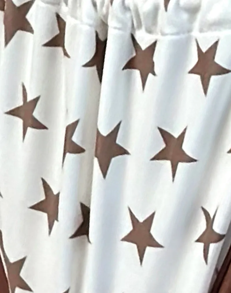 Leyna Bikini Bottom in White and Brown Star Print with Contrast Binding