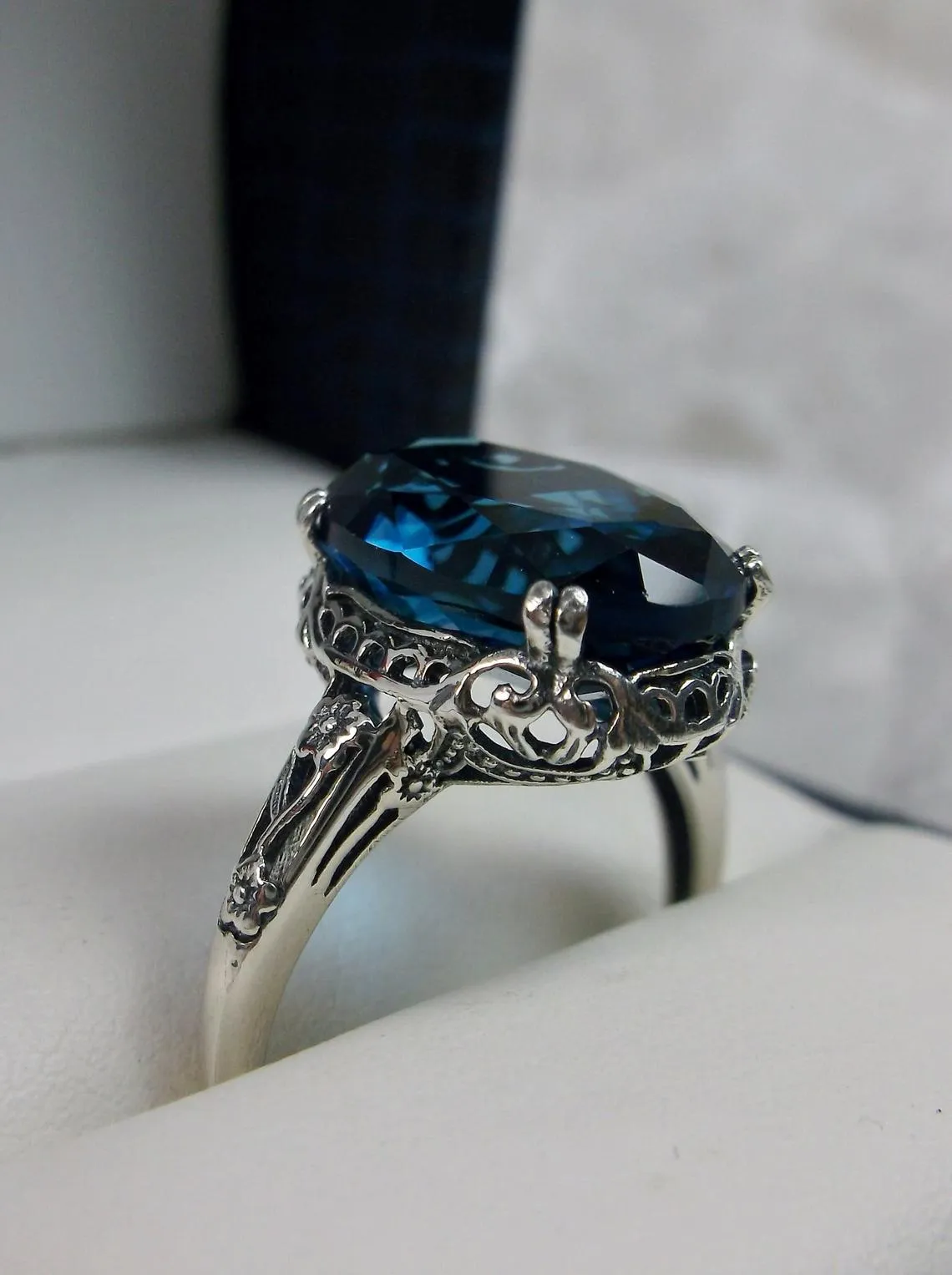 London Blue Topaz Ring, Edwardian Antique Reproduction Jewelry #D70