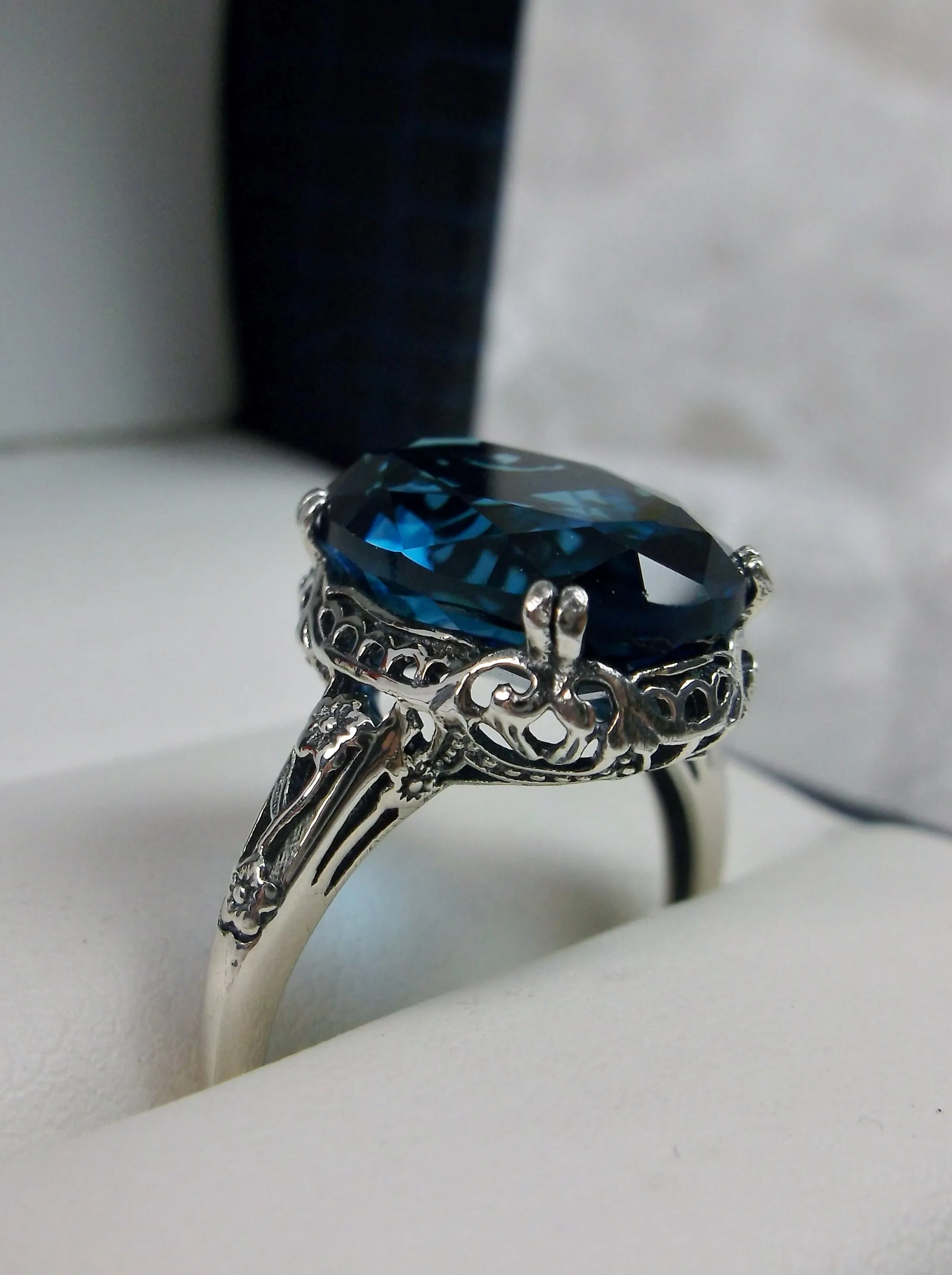 London Blue Topaz Ring, Edwardian Antique Reproduction Jewelry #D70