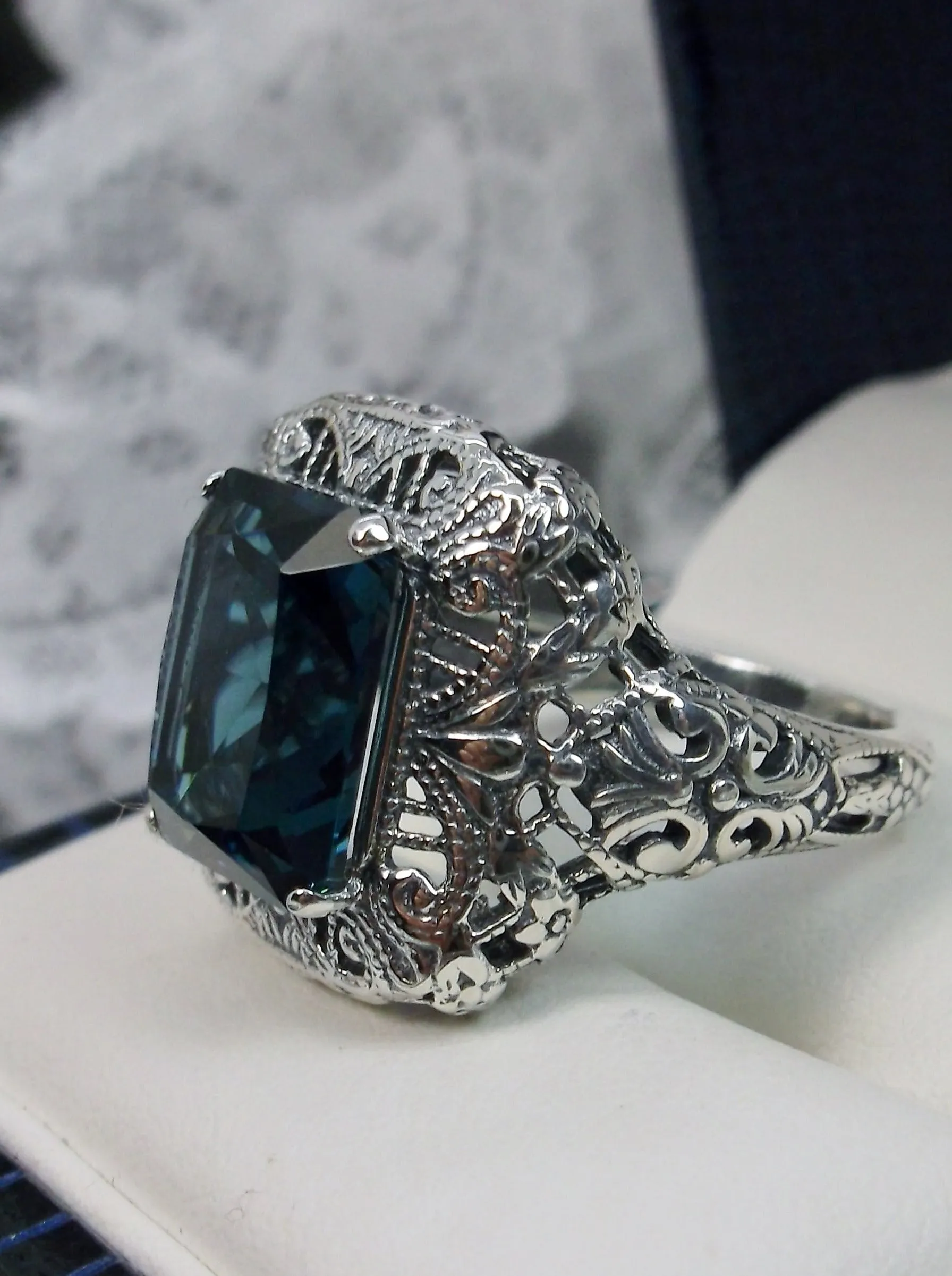London Blue Topaz Ring, Intricate Victorian Jewelry #D149