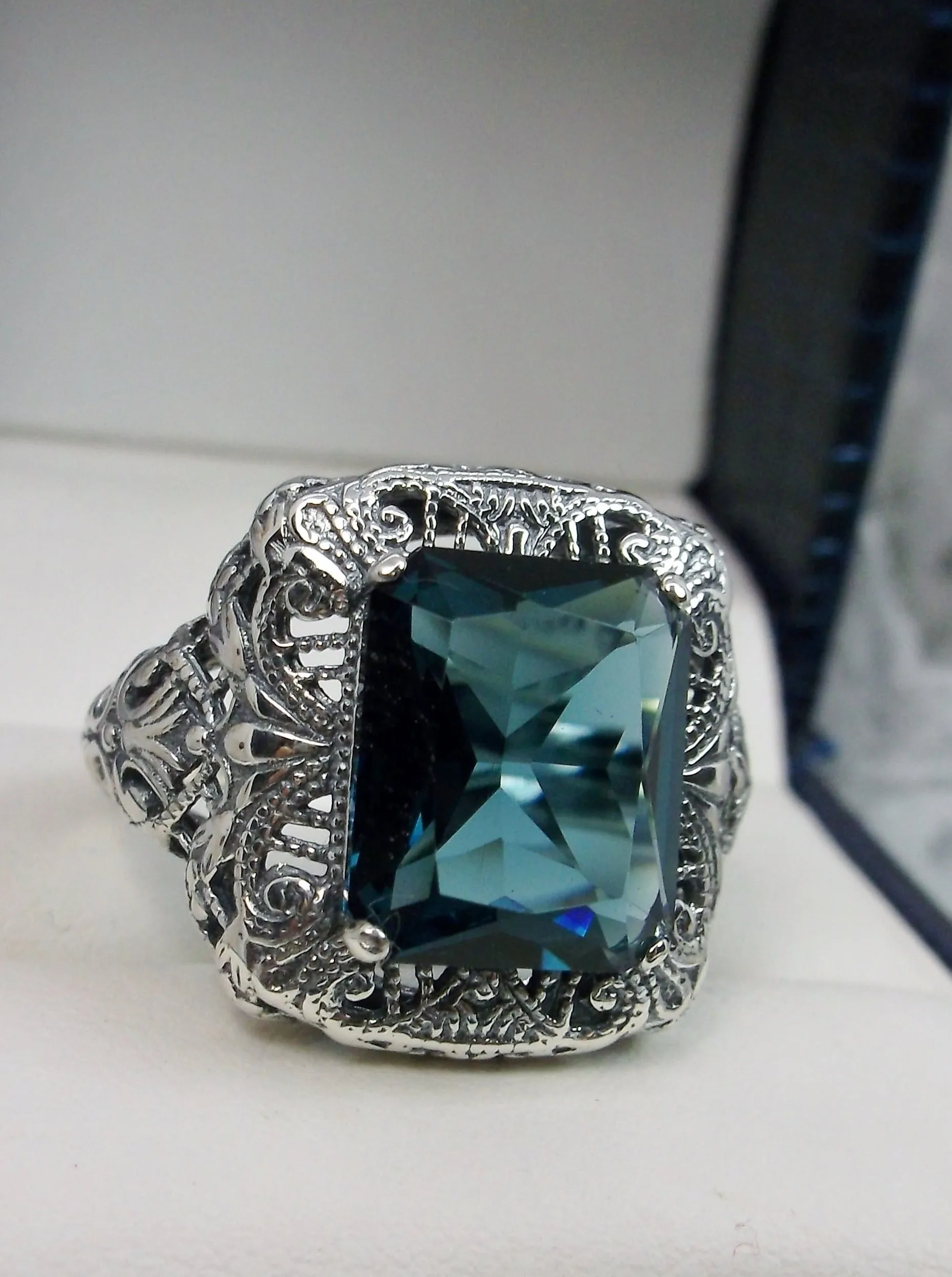 London Blue Topaz Ring, Intricate Victorian Jewelry #D149