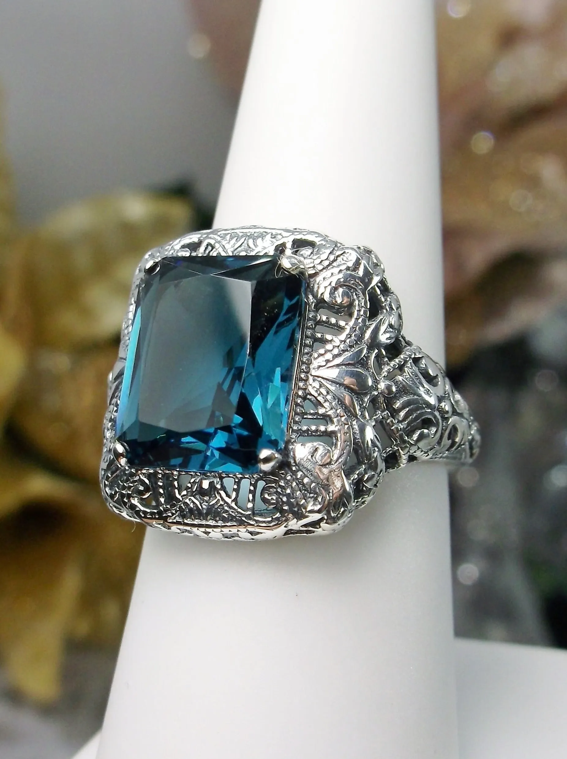 London Blue Topaz Ring, Intricate Victorian Jewelry #D149