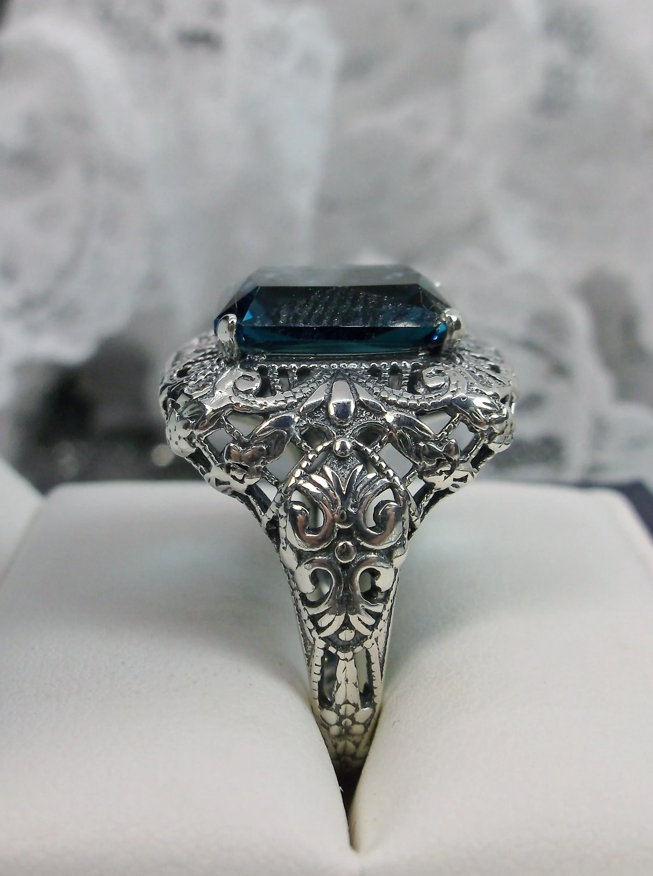 London Blue Topaz Ring, Intricate Victorian Jewelry #D149
