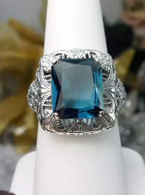 London Blue Topaz Ring, Intricate Victorian Jewelry #D149