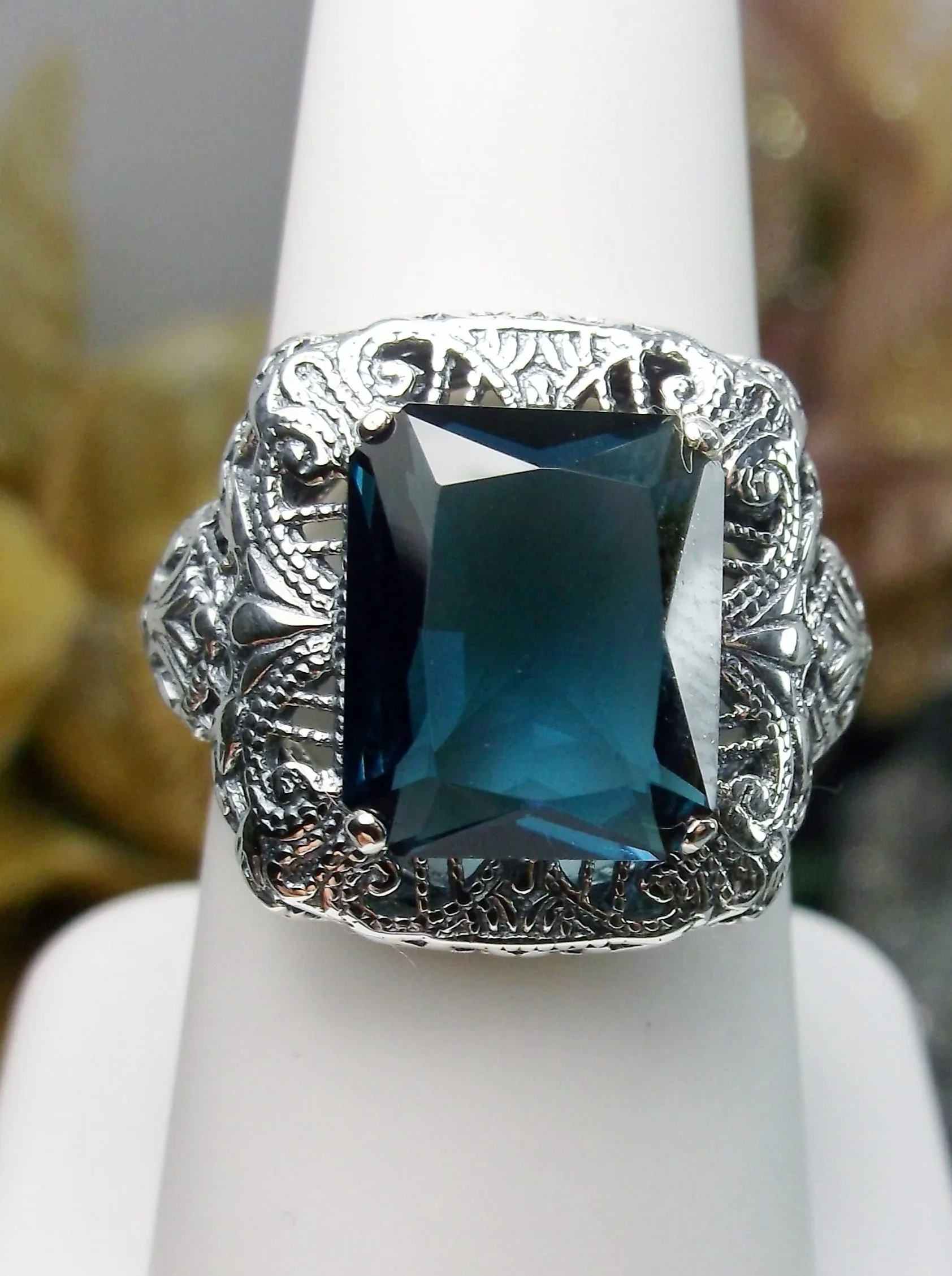 London Blue Topaz Ring, Intricate Victorian Jewelry #D149
