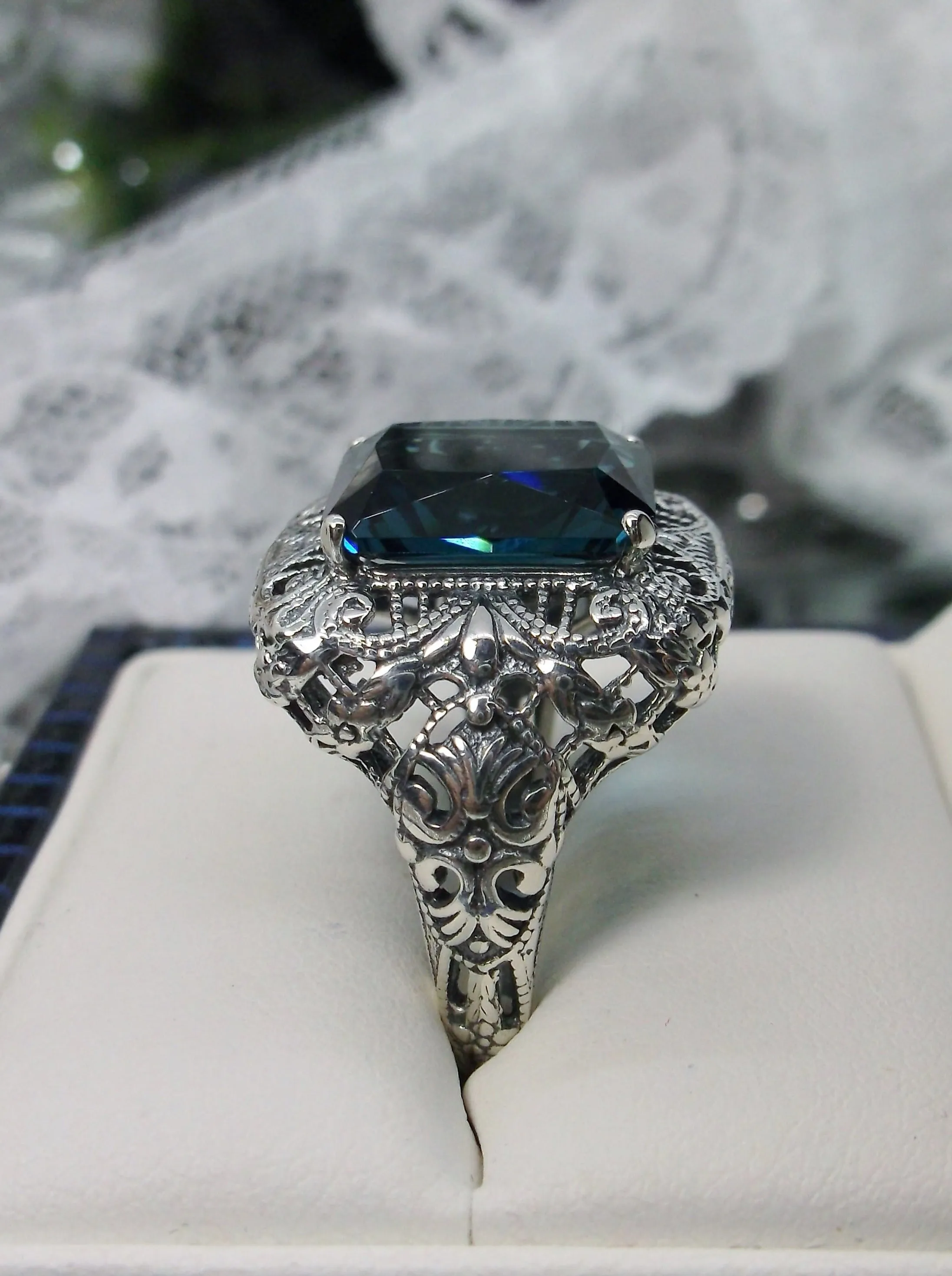 London Blue Topaz Ring, Intricate Victorian Jewelry #D149