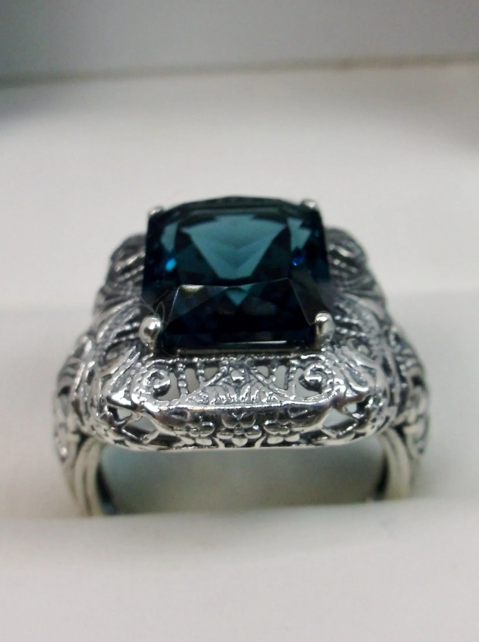 London Blue Topaz Ring, Intricate Victorian Jewelry #D149