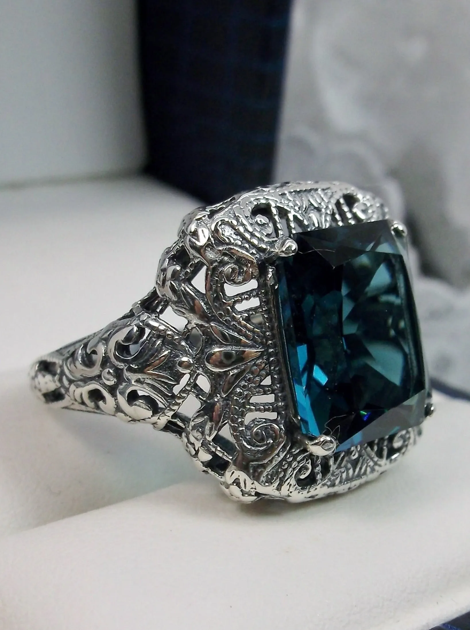 London Blue Topaz Ring, Intricate Victorian Jewelry #D149
