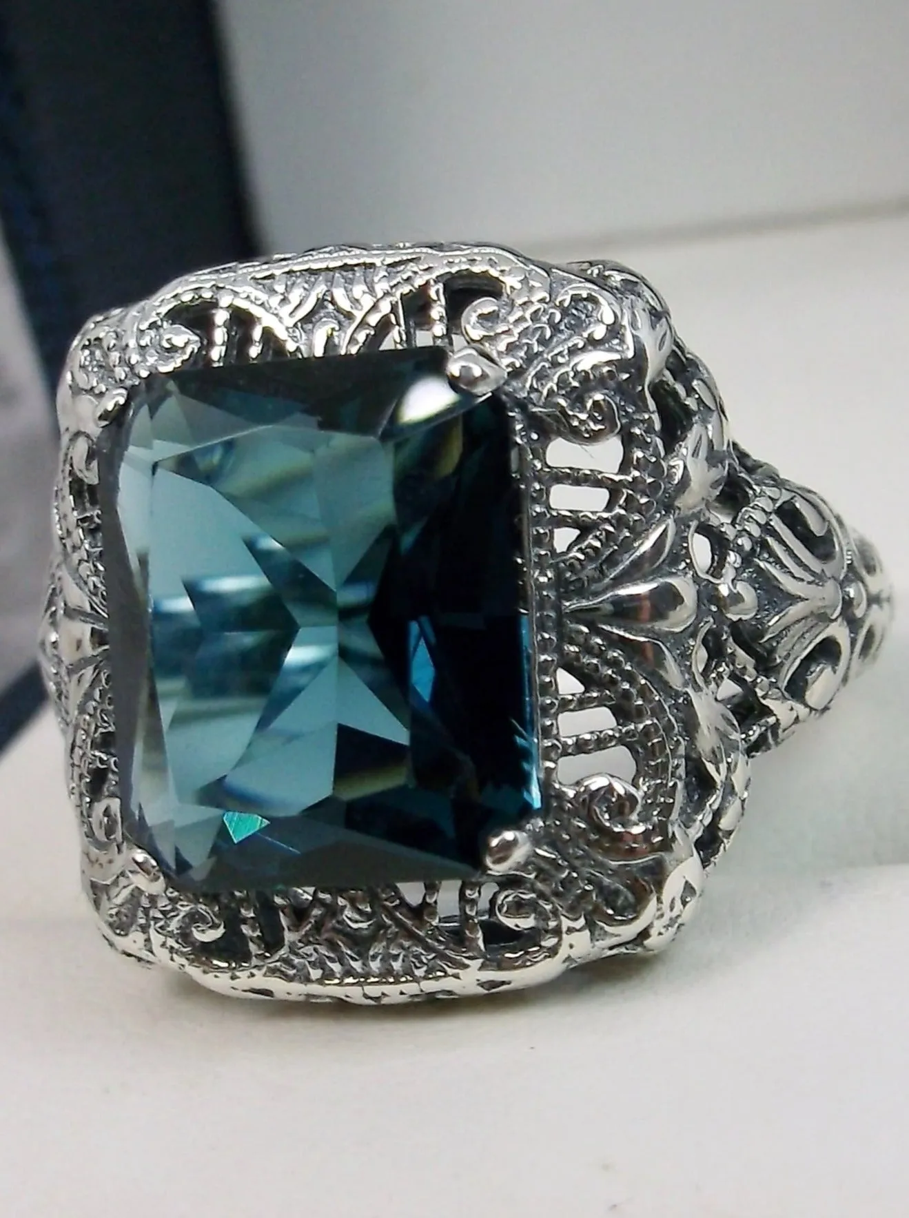 London Blue Topaz Ring, Intricate Victorian Jewelry #D149