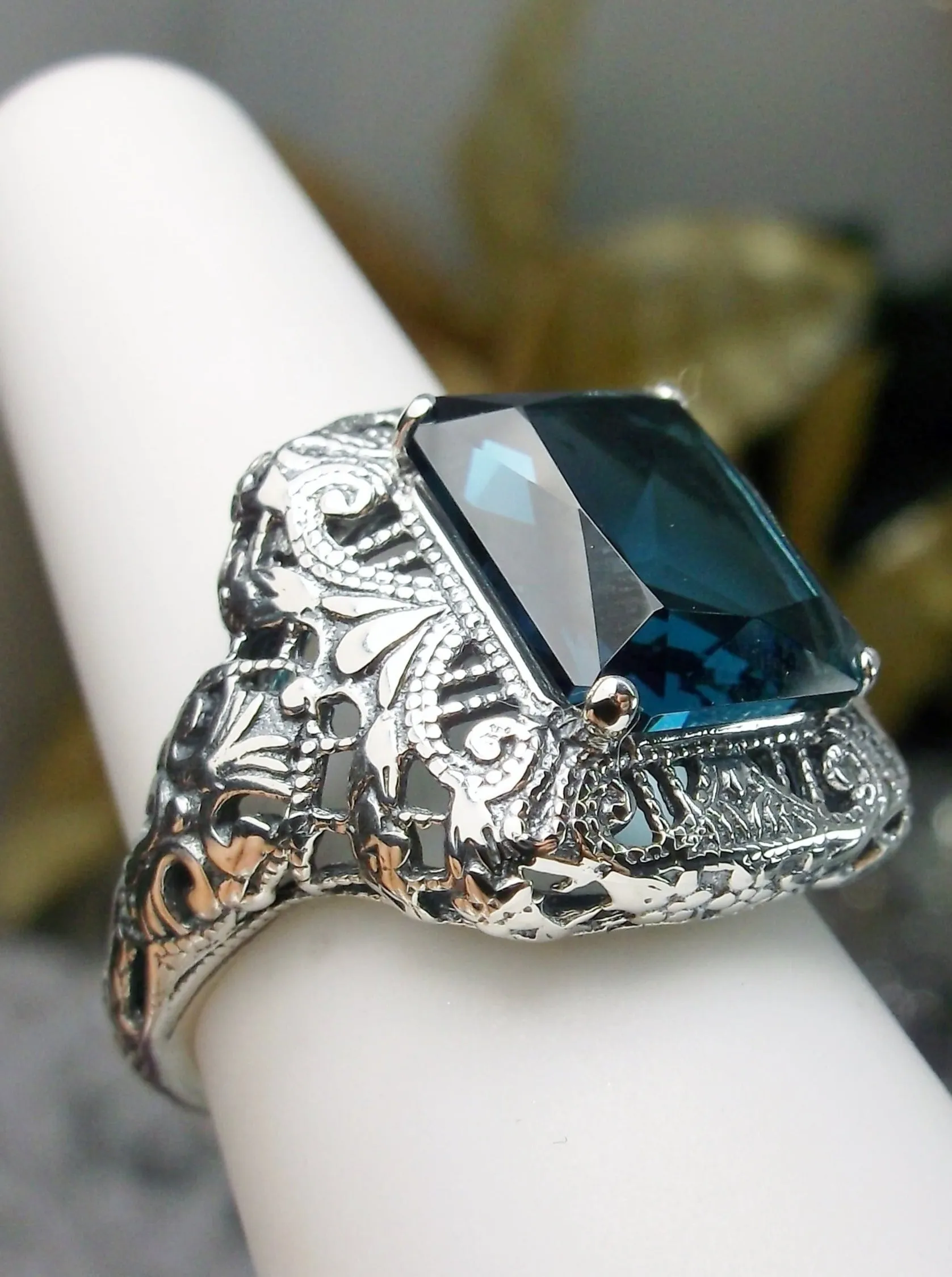 London Blue Topaz Ring, Intricate Victorian Jewelry #D149