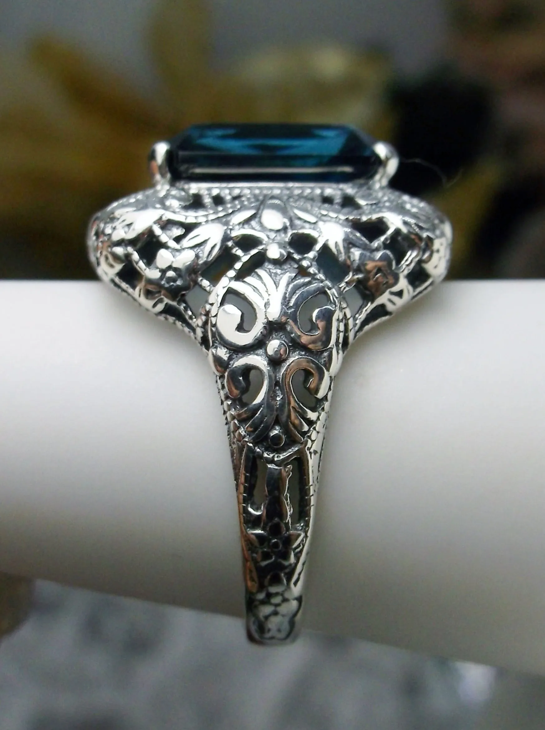 London Blue Topaz Ring, Intricate Victorian Jewelry #D149