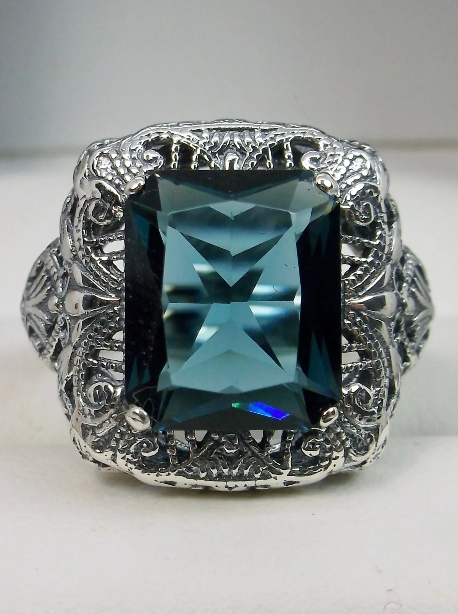 London Blue Topaz Ring, Intricate Victorian Jewelry #D149