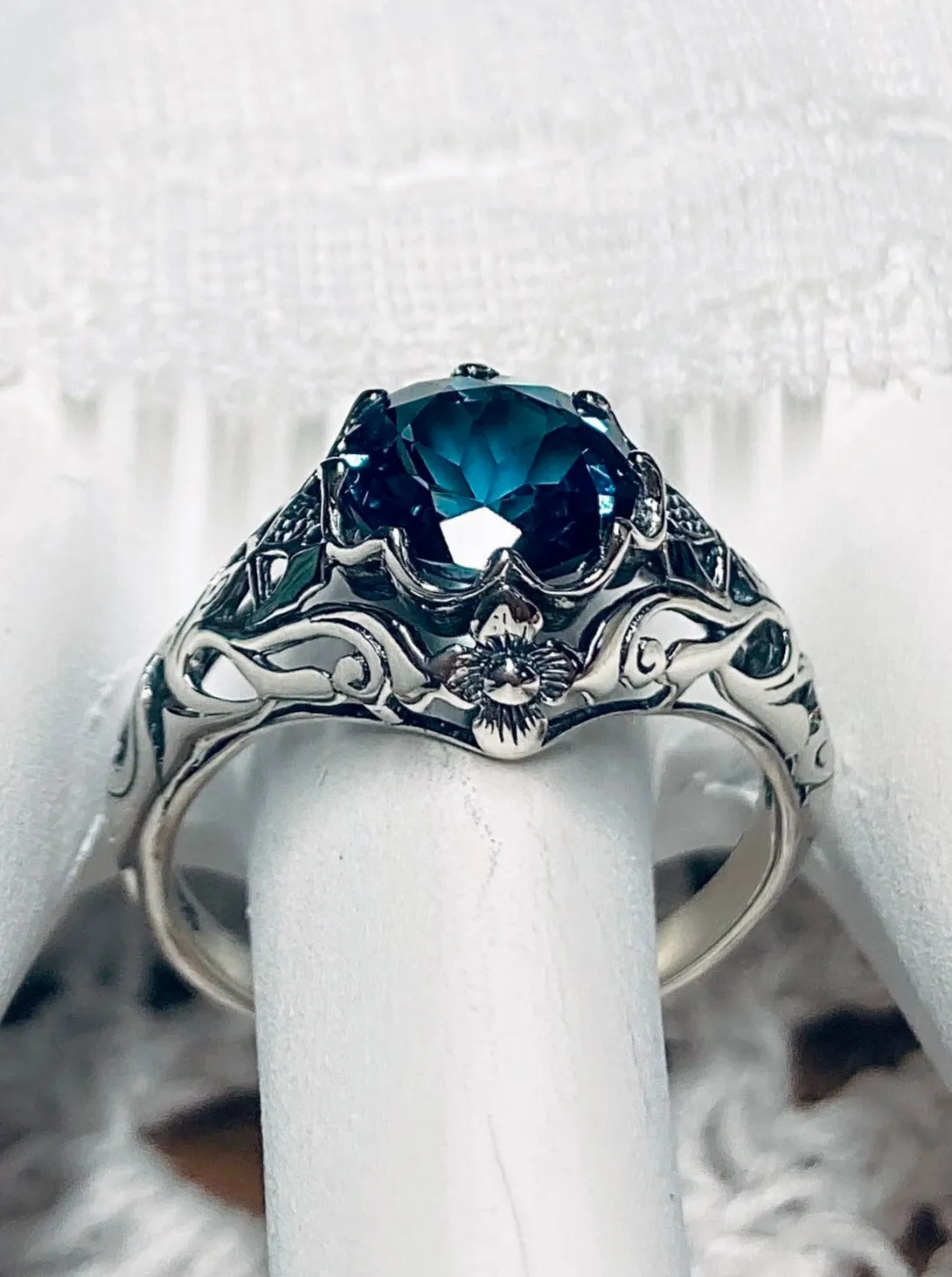 London Blue Topaz Ring, Natural or Simulated Gemstone, Daisy Filigree Victorian Jewelry #D66
