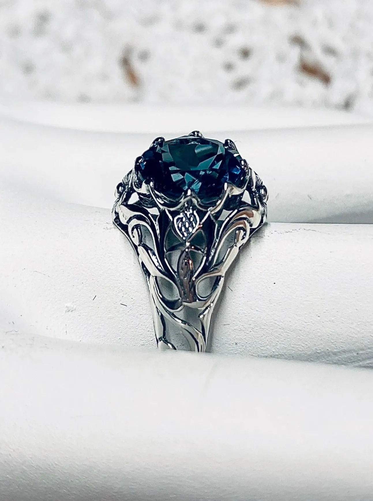 London Blue Topaz Ring, Natural or Simulated Gemstone, Daisy Filigree Victorian Jewelry #D66
