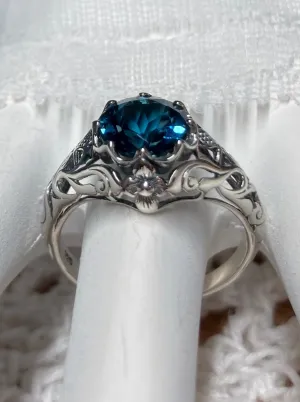 London Blue Topaz Ring, Natural or Simulated Gemstone, Daisy Filigree Victorian Jewelry #D66
