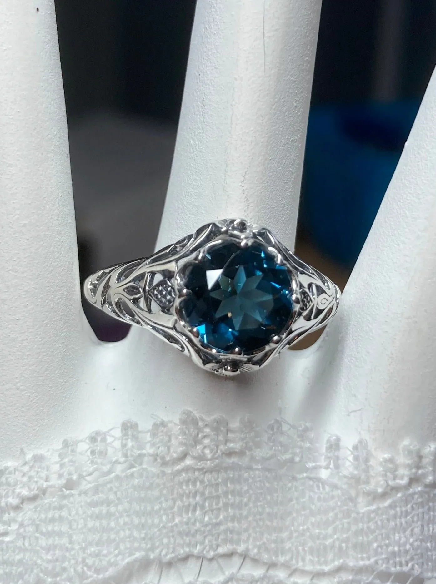 London Blue Topaz Ring, Natural or Simulated Gemstone, Daisy Filigree Victorian Jewelry #D66